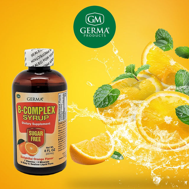 Germa B-Complex Syrup. Dietary Supplement. Bone Health, Growth and Development Aid. Sugar Free. Orange Flavor. 8 Oz