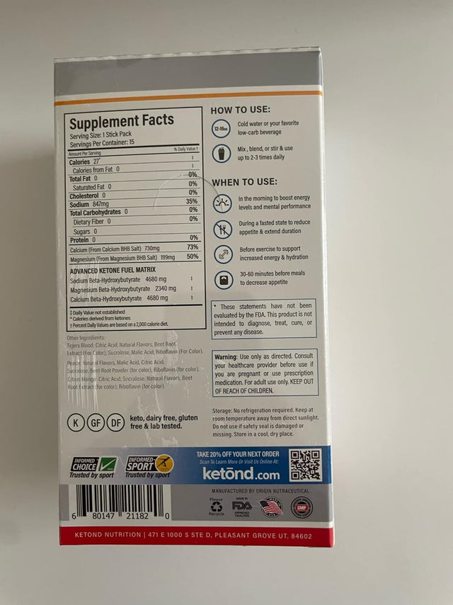 Ketond Exogenous Ketones Advanced Blend Drink Ketones for Rapid Weight Loss - Best Fuel for Energy, Mental Performance and Weight Loss - Citrus Mango, Tigers Blood, Peach (15 Stick Packs)