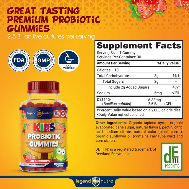 Kids Probiotic Gummy 2.5 Billion CFU Strawberry Flavored 30 Gummies Digestive Support Legend Nutra