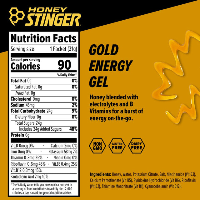Honey Stinger Classic Energy Gels 1.2 Oz Pouches, Gold (6 Pack)