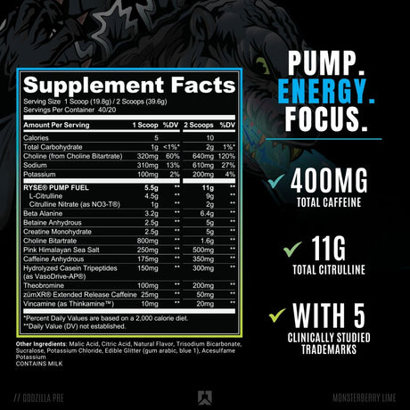 Ryse Noel Deyzel X Godzilla Pre Workout | Intense Pumps, Energy, & Focus | Citrulline & Beta Alanine | 400Mg Total Caffeine | 40 Servings (Monsterberry Lime)