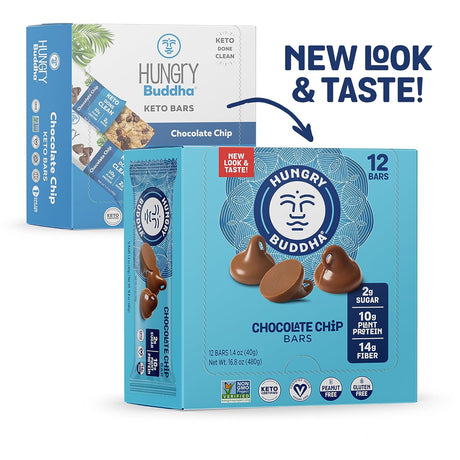 HUNGRY BUDDHA Bars - Plant Based Protein Bars - Vegan Nutrition Bars - Low Sugar Healthy Snacks - Gluten Free Snack Bars - Peanut Free - Protein Bar - Keto Bar - 12 Count [Chocolate Chip]