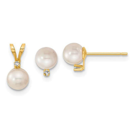 Finest Gold 14K Yellow Gold 5-6 Mm Saltwater Akoya Cultured Pearl & Diamond Earrings & Pendant Set