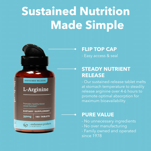 L - Arginine - 350Mg Sustained Release Dietary Supplement for Optimal Absorption - Nitric Oxide Precursor* , 60 Tablets - Endurance Products Company