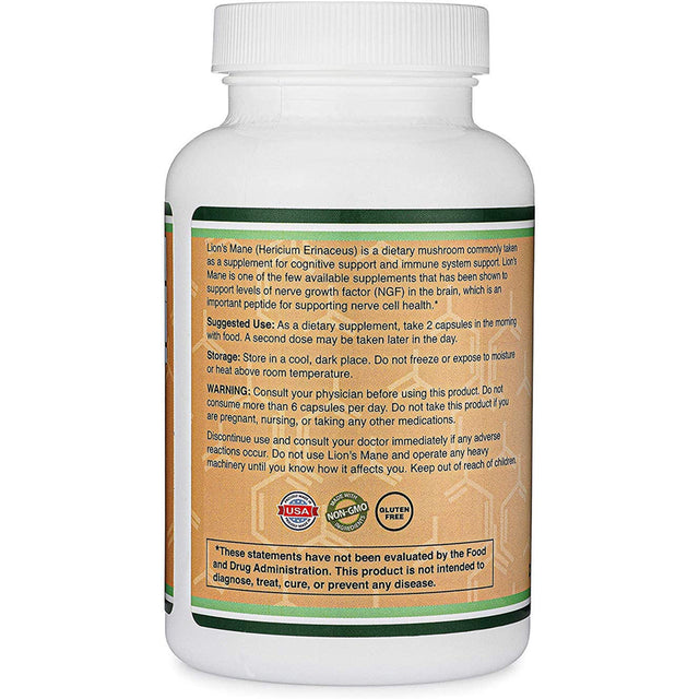 Lions Mane Mushroom Capsules (Two Month Supply - 120 Count) Organic and Vegan Supplement - Nootropic for Brain Health and Growth, Immune Booster, Made in the USA by Double Wood Supplements