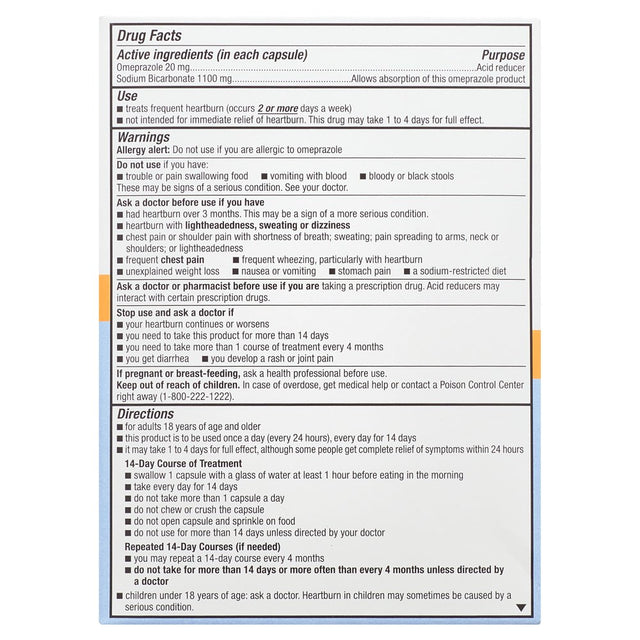 Equate Omeprazole and Sodium Bicarbonate Capsules, 20 Mg/1100 Mg, Acid Reducer, 42 Count