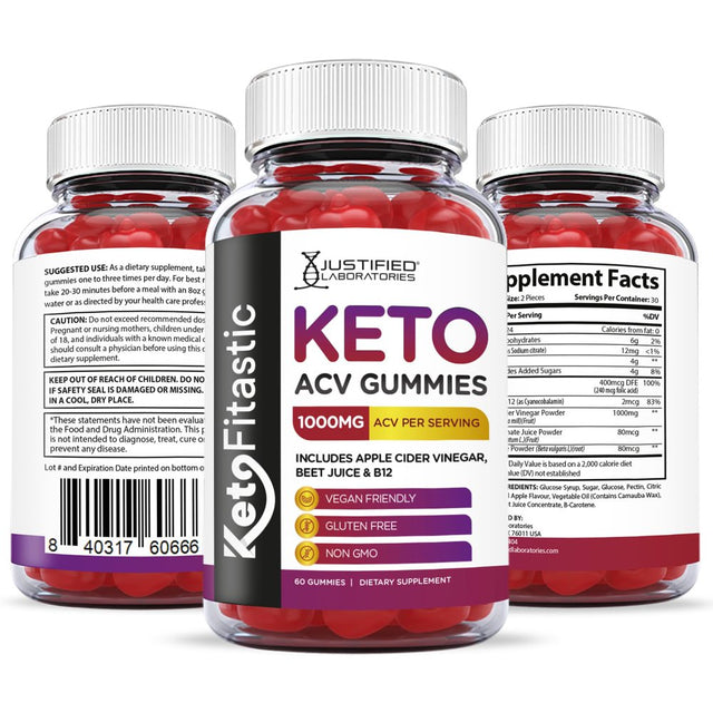 Justified Laboratories Ketofitastic Keto Gummies 1000MG ACV with Pomegranate Juice Beet Root B12 60 Gummys