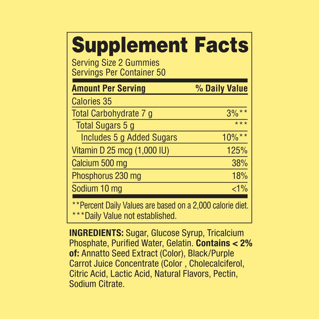 Spring Valley Calcium 500 Mg plus Vitamin D 25 Mcg Bone Health Dietary Supplement Gummies, 100 Count