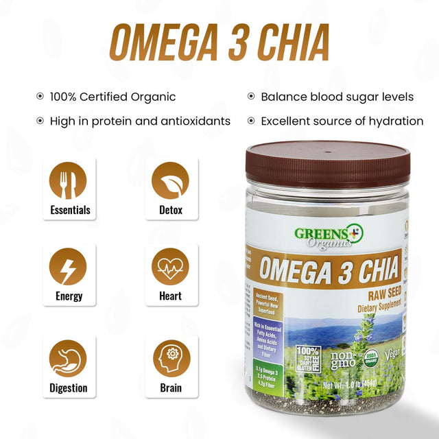 Greens plus Organic Omega 3 Chia Ancient Raw Seed | Dietary Supplement | 1 Lb Jar