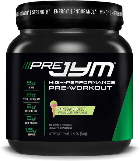 Pre JYM Pre Workout Powder - Bcaas, Creatine HCI, Citrulline Malate, Beta-Alanine, Betaine, and More | JYM Supplement Science | Rainbow Sherbert Flavor, 20 Servings