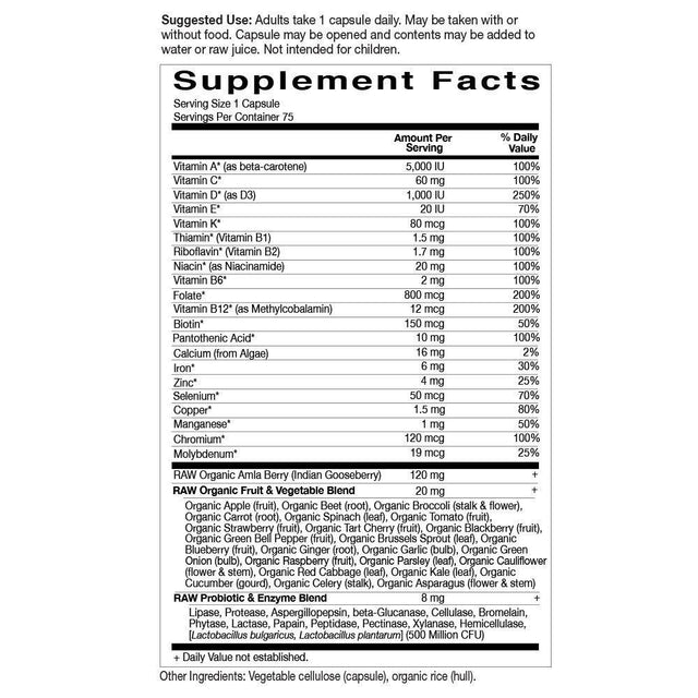 Garden of Life Vitamin Code Raw One for Women, Once Daily Multivitamin for Women - 75 Capsules, One a Day Women, Vitamins, Fruits, Veggies, Probiotics for Womens Health, Vegetarian, Gluten Free 75