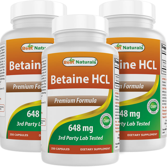 3 Pack Best Naturals Betaine HCL 648 Mg 250 Capsules