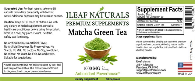 Ileaf Naturals Matcha Green Tea Ceremonial-Grade - 60 Veggie Capsules