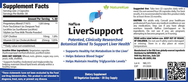 100% Herbal, Premium, GMP Certified Nafliva Liver Support Supplement with Milk Thistle, Pu’Er Tea Extract. Liver Detox Cleanse & Repair. Weight Management Natural Vegetarian, 60 Capsules by Naturekue