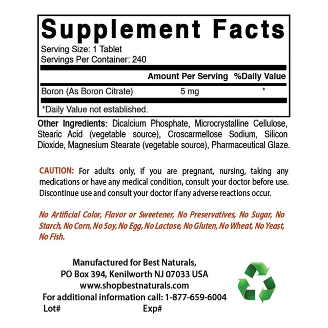 3 Pack Best Naturals Boron 5 Mg 240 Tablets | Boron Supplements Support Healthy Hormonal Balance and Bone Strength