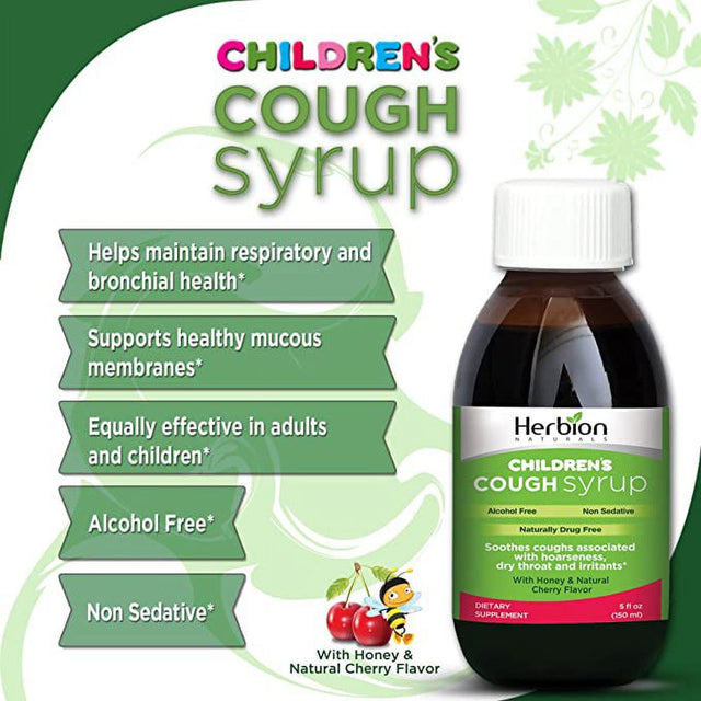 Herbion Naturals Cough Syrup for Children - 5 FL Oz - Good Tasting Supplement with Natural Honey & Cherry Flavor, Helps Relieve Cough, Promotes Healthy Lung Function - for Kids 13 Months and Above.