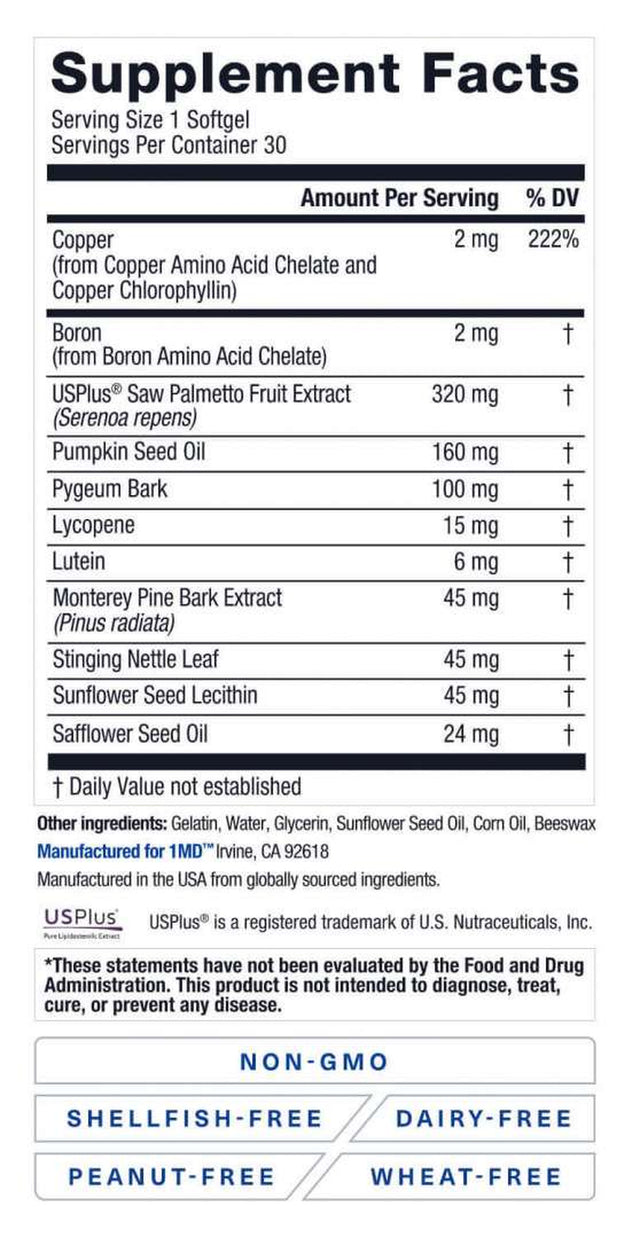 1MD Nutrition Prostatemd Saw Palmetto Prostate Support Supplement - Support for Urinary Tract and Frequent Bathroom Urges | 30 Day Supply