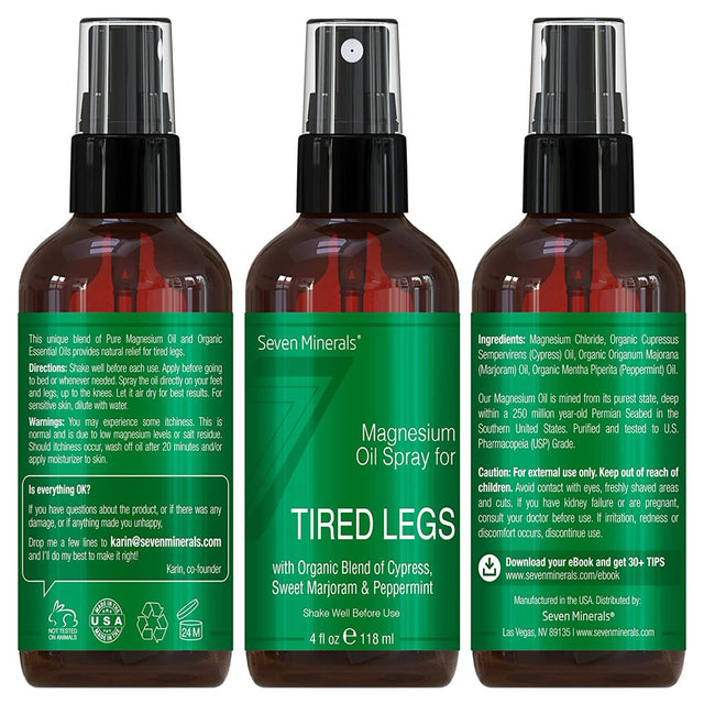 Magnesium Oil Spray for Leg Cramps - Powerful USA Made Magnesium Oil Blend with Organic Essential Oils (Cypress, Sweet Marjoram and Peppermint) - Free Ebook Included (4 Fl Oz)