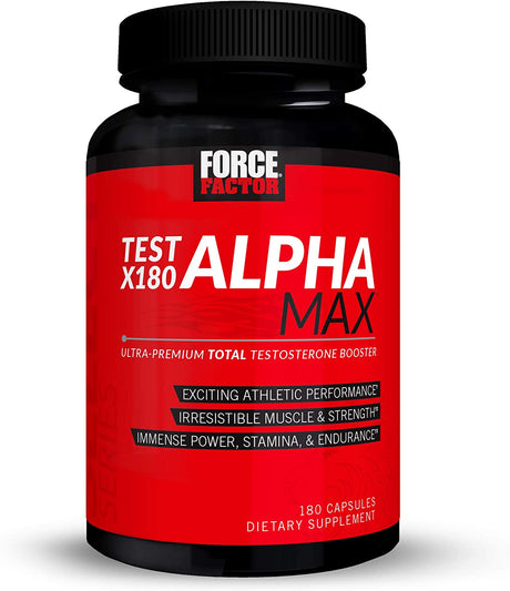 FORCE FACTOR Test X180 Alpha Max Total Testosterone and Nitric Oxide Booster for Men with Fenugreek Seed and Tribulus to Increase Blood Flow and Improve Male Athletic Performance, 180 Capsules
