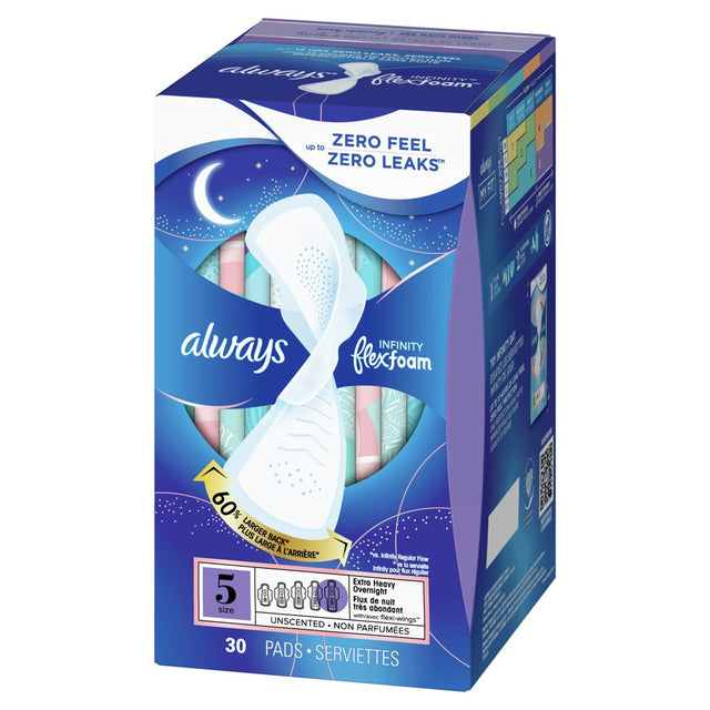 Always Infinity Feminine Pads with Wings, Size 5, Extra Heavy Overnight Absorbency, Unscented, 30 Ct