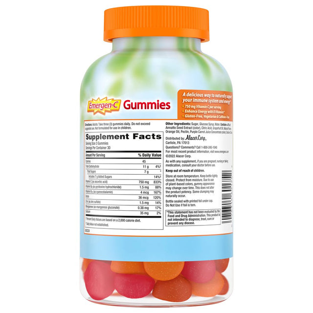 Emergen-C 750Mg Vitamin C Gummies for Adults, Immunity Gummies with B Vitamins, Gluten Free, Orange, Tangerine and Raspberry Flavors -90 Count