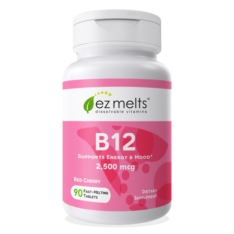 EZ Melts Sublingual Vitamin B12 with Methylcobalamin for Energy and Metabolism Support, 2500 Mcg 60 Tablets, Cherry Flavored, Vegan Dietary Supplements, Dissolvable and Fast Melting