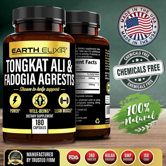 Fadogia Agrestis 600Mg and Tongkat Ali 500Mg Supplements (180 Capsules) - Made in USA - 3 Month Supply – 3Rd Party Tested - Long Jack - Tongkat Ali Fadogia Agrestis Supplements for Men