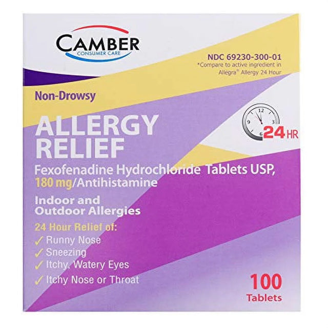 Fexofenadine Hydrochloride (Hcl) Allergy 180Mg Generic Tablet, Compared to Allegra, Camber, 100 Ct (Pack of 1)