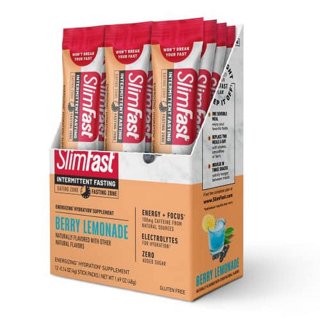 Hydration Packets, Slimfast Intermittent Fasting Electrolytes, Energy Powder Drink Mix, Caffeine from Natural Sources- Berry Lemonade (12 Count)