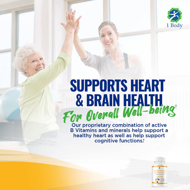 1 Body Vitamin B Complex Supplement 5-MTHF Folate with B1, B2, B5, B6, Methyl B12, Niacin, Biotin