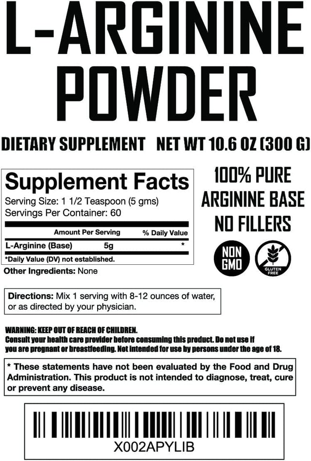 L-Arginine Powder. 5000Mg per Serving. Pure Nitric Oxide Supplement 300 Grams (10.5 Oz) Bag.