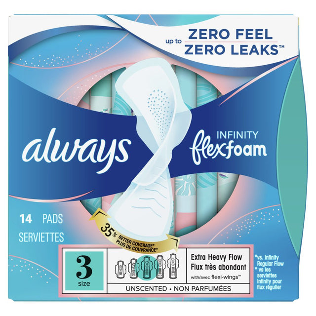 Always Infinity Feminine Pads with Wings, Size 3, Extra Heavy Absorbency, Unscented, 14 Count