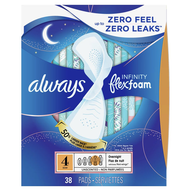 Always Infinity Feminine Pads with Wings, Size 4, Overnight Absorbency, Unscented, 38 Ct