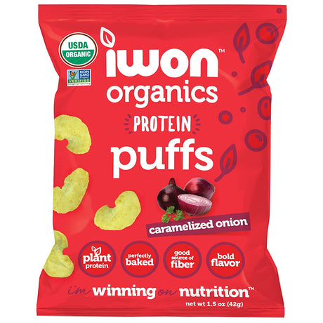 IWON Organics Caramelized Onion Flavor Protein Puff, High Protein and Organic Healthy Snacks, 8 Bags