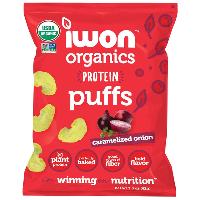 IWON Organics Caramelized Onion Flavor Protein Puff, High Protein and Organic Healthy Snacks, 8 Bags