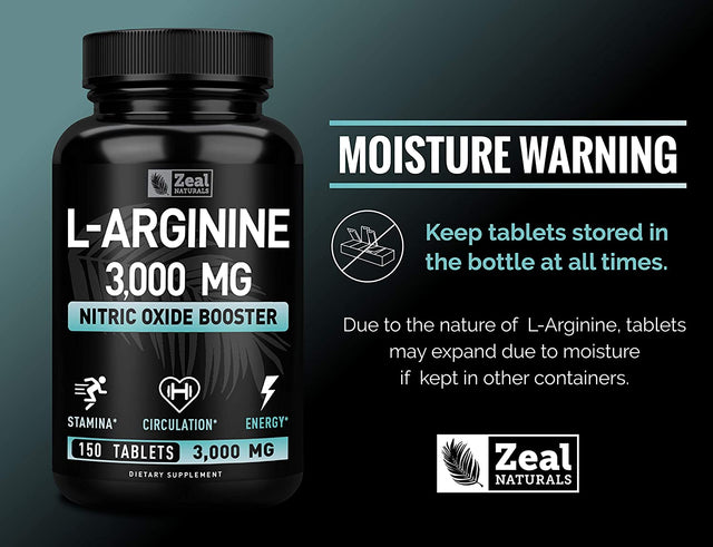 L Arginine 3000Mg Capsules (150 Tablets | 1000Mg) Maximum Dose L-Arginine Nitric Oxide Supplement for Supporting Muscle Growth, Vascular Function and Energy - Nitric Oxide Booster