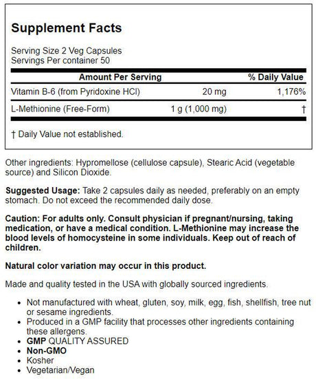 L-Methionine, 500 Mg, 100 Capsules, NOW Foods