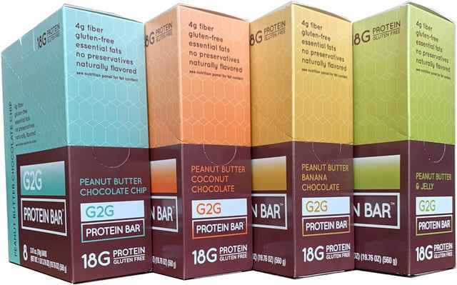 G2G Protein Bar, PB Lovers 4-Pack, 1 Box Each PB Choc Chip, PB Coconut, PB Banana, PB & J, Healthy Snack, Delicious Meal Replacement, Gluten-Free, Refrigerated for Freshness, 32 Count (4 Packs of 8)