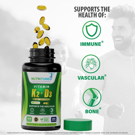 Nutritunes Vitamin K2 + D3 (120 Softgels) | 2 in 1 Formula Supports Cardiovascular, Immune, and Bone Health - Non-Gmo, Gmp-Certified, and Allergen Free