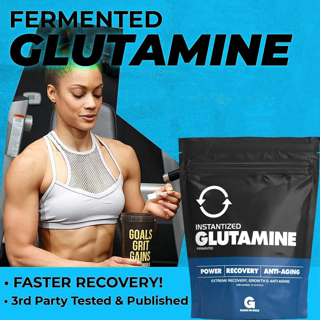 Gains in Bulk Fermented Glutamine - Extreme Muscle Recovery, Anti-Catabolic L-Glutamine for Protection & Recovery from Physical & Mental Stress | Promotes Longer State of Muscle Growth (500 Grams)