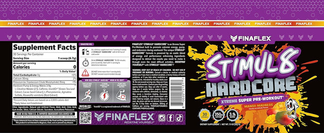 FINAFLEX STIMUL8 Hardcore, Mango Madness - Extreme Energy, Strength & Endurance for Men & Women - with Caffeine & L-Citrulline - 30 Servings