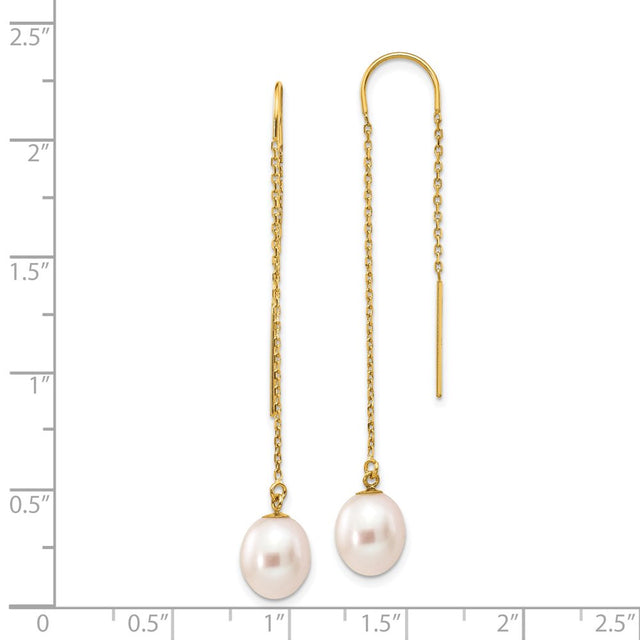 Finest Gold 14K Yellow Gold 7-8 Mm White Rice Freshwater Cultured Pearl Dangle Threader Earrings