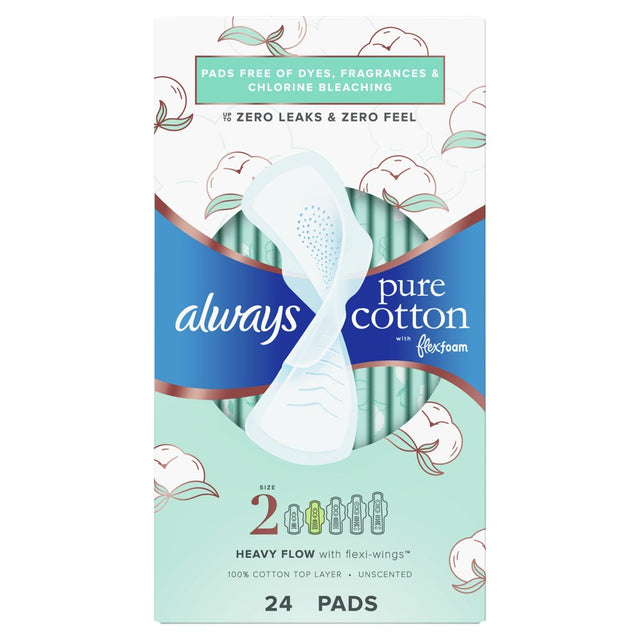 Always Pure Cotton Feminine Pads with Wings, Size 2, Heavy Absorbency, 24 Count