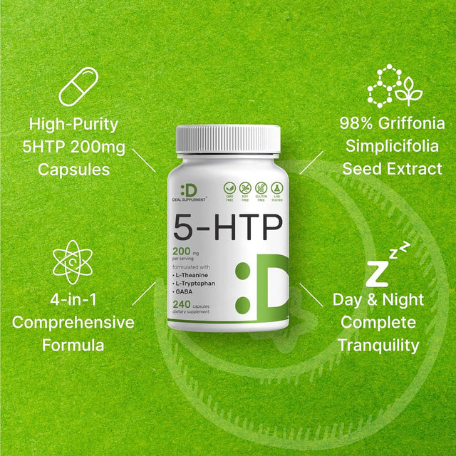 5-HTP 200Mg plus GABA, L-Theanine & L-Tryptophan, 240 Capsules | 98% High African Derived Griffonia Seed Extract | Complete Supports Calm & Relaxation