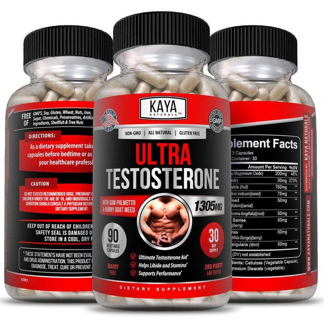 Kaya Naturals Ultra Testosterone 90Ct, Muscle & Testosterone Support, Bodybuilding - 1305Mg