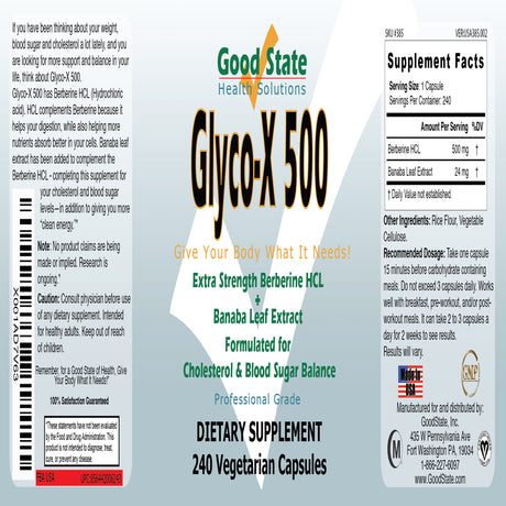 Good State Glyco -X 500 with Berberine HCL ( 240 Veggie Capsules Total )