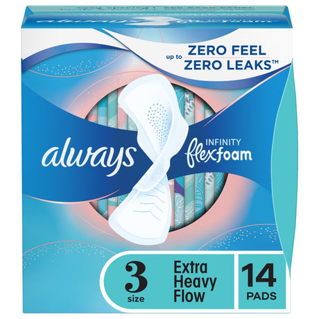 Always Infinity Feminine Pads with Wings, Size 3, Extra Heavy Absorbency, Unscented, 14 Count