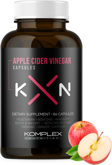 Komplex Nutrition Organic Apple Cider Vinegar Capsules, Improve Digestion and Detox, ACV Powder with Mother, 60 Vegan and Gluten-Free Supplement Pills, Ginger Extract Gingerols, Cayenne Powder