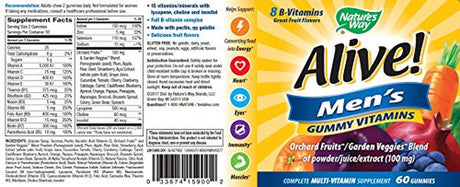 Alive! Men'S Gummy Vitamin, Complete Multi-Vitamin Supplement with Orchard Fruits/Garden Veggies Blend of Powder/Juice/Extract, 60 Gummies.