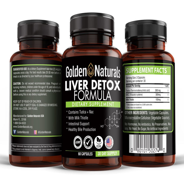 Golden Naturals Liver Detox Formula with TUDCA and NAC for Intestinal Support and Healthy Bile Production